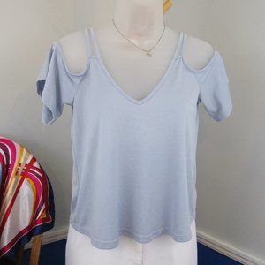 Papaya Pastel Blue V-Neck Strappy Cold Shoulder Crop Top
